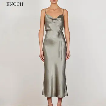 ENOCH Jednoduchého tvaru Satin Bridesmaid, Šaty Špagety Popruhy Otvorte Zadný Čaj-Dĺžka Party Šaty na Zákazku Vestidos De Gala