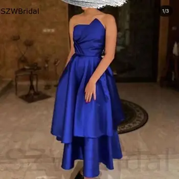 Nový Príchod Satin Kráľovská Modrá Krátke Večerné šaty 2023 Župan de soiree Lacné večerné šaty Kaftane marocain župan femme