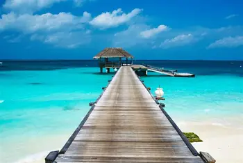Tropické pláže s bungalov stenu otlačkom, ostrov pobreží stenu, nálepky, sunny beach jasnej oblohe modrej vody, nástenná maľba pláži plagát, tlač m