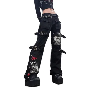 Ženy Gotický Cargo Nohavice Voľné Nízkym Pásom Nohavice Širokú Nohu, Neforemné Džínsy Harajuku Streetwear Punk